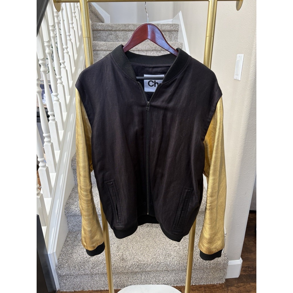 Ch. Chapter Black Twill Full Zip Bomber Jacket Gold Sleeves Lg Streetwear Luxury